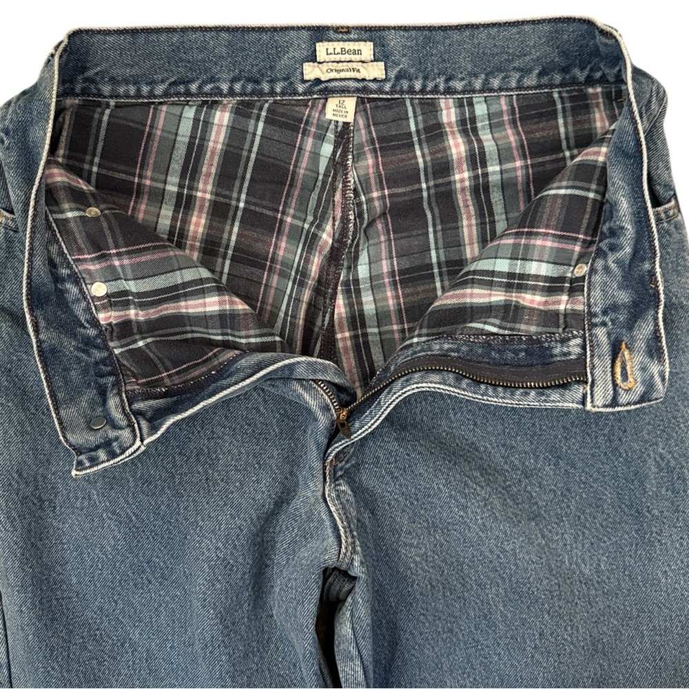 Vintage 90s L.L. Bean Plaid Flannel Lined Blue Jeans Original Fit High Rise 12T